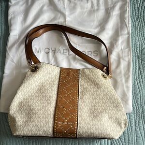 Michael Kors Cream and Tan Shoulder Bag with Gold Hardware